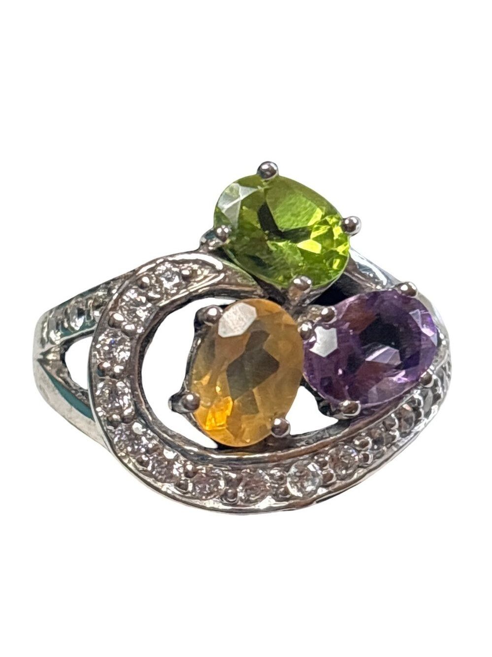 Elegant Multi-Stone Silver Ring Size 8